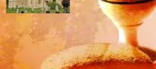 Image of bread and a cup of wine with an inset of the church of St Peters Babraham